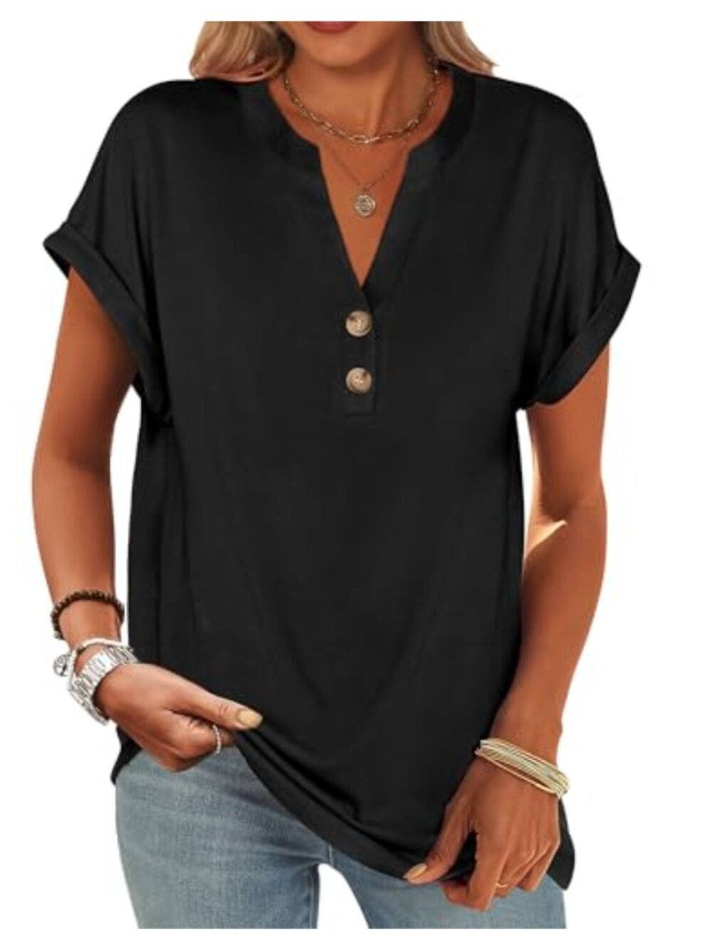 Womens Short Sleeve Henley V-Neck Top Loose Tunic Blouse